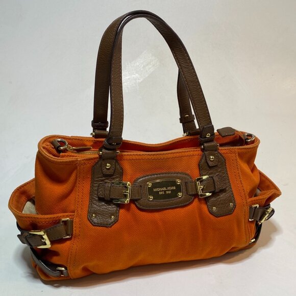 Michael Kors Gansevoort Zip Top Satchel Tangerine Canvas Brown Leather Trim - Picture 1 of 7